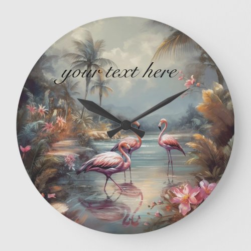 vintage botanical painting flamingos customizable large clock
