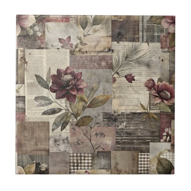 Vintage Botanical Patchwork Rustic (1) Ceramic Tile (Front)