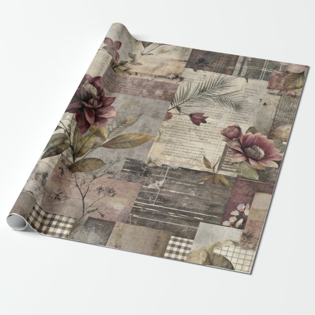 Vintage Botanical Patchwork Rustic (1) Wrapping Paper (Unrolled)