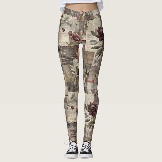 Vintage Botanical Patchwork Rustic (2) Leggings (Front)
