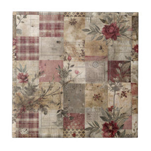 Vintage Botanical Patchwork Rustic (3) Ceramic Tile