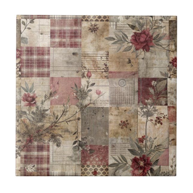 Vintage Botanical Patchwork Rustic Ceramic Tile (Front)