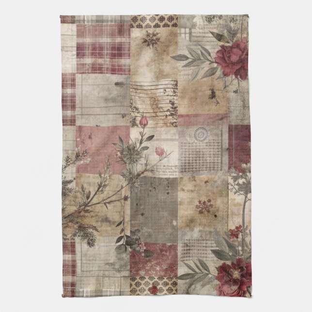 Vintage Botanical Patchwork Rustic Kitchen Towel (Vertical)