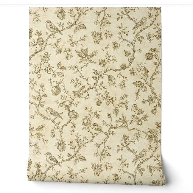 Vintage Botanical Pattern Songbirds Tree Wallpaper