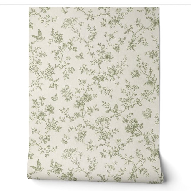 Vintage Botanical Pattern with Songbirds Wallpaper