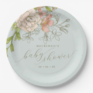 Vintage Botanical Peach & Blue Floral Baby Shower Paper Plates