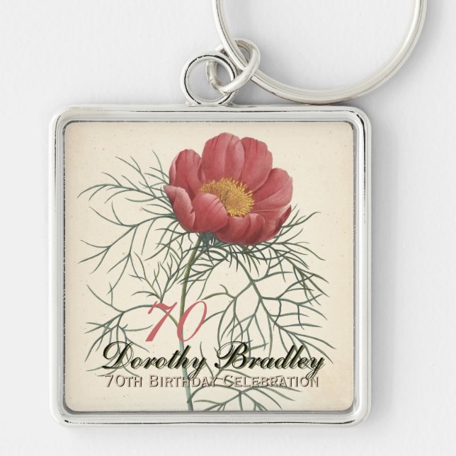 Vintage Botanical Peony 70th Birthday MSqK Keychain (Front)