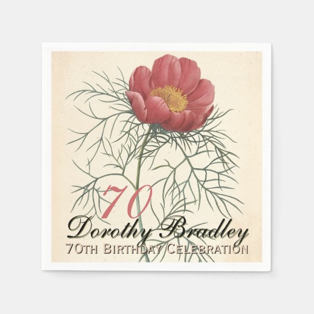 Vintage Botanical Peony 70th Birthday Party PPN Napkins (Front)