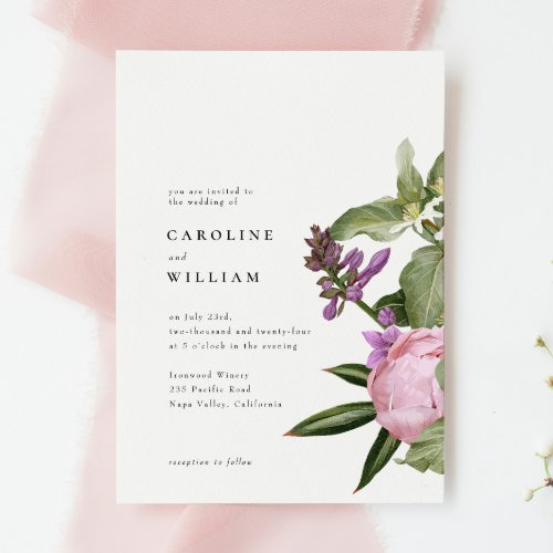 Vintage Botanical Peony Pink Green Floral Wedding Invitation