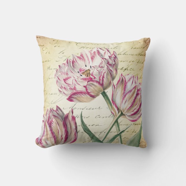 Vintage Botanical Pink and White Tulips Throw Pillow (Front)
