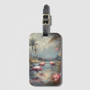 Vintage Botanical Pink Flamingo Luggage Tag