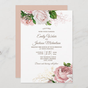 Vintage Botanical Pink Floral Roses White Wedding Invitation