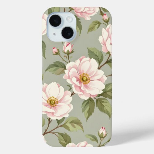 Vintage Botanical Pink Floral Sage Green iPhone 15 Case