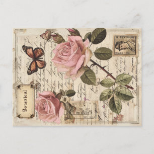 Vintage Botanical Pink Roses & Butterfly Ephemera Holiday Postcard