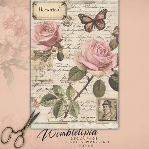 Vintage Botanical Pink Roses & Butterfly Ephemera Tissue Paper