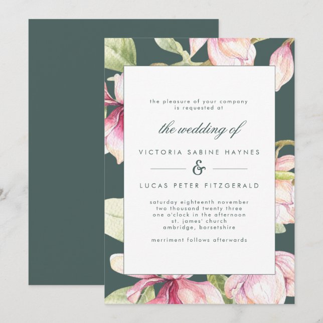 Vintage Botanical Pink & Sage Green Wedding Invite (Front/Back)