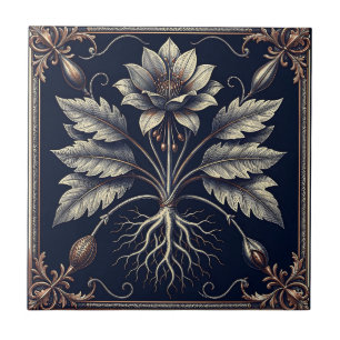Vintage Botanical Poppy Root Gold Engraving Ceramic Tile