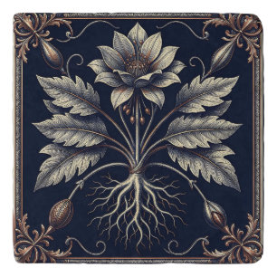 Vintage Botanical Poppy Root Gold Engraving Trivet