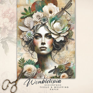 Vintage Botanical Portrait Artsy Decoupage Green Tissue Paper