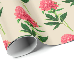 Vintage Botanical Print, Coral Pink Peony Wrapping Paper