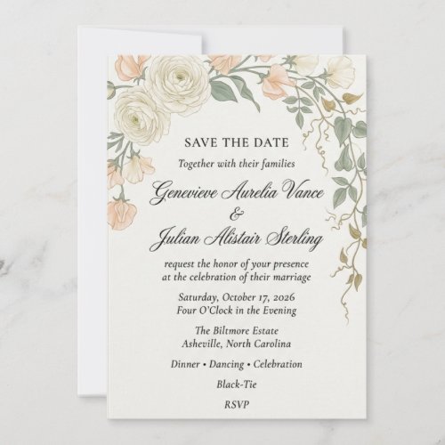 Vintage Botanical Ranunculus & Sweet Pea Invitation