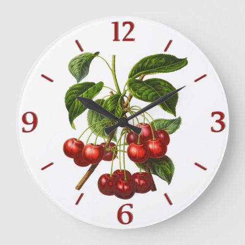 Vintage Botanical Red Cherries Print Large Clock