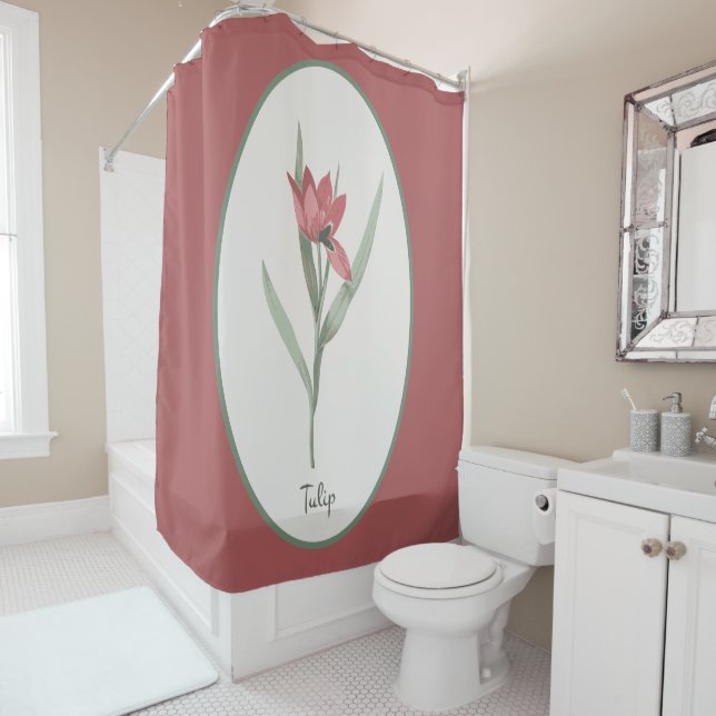 Vintage Botanical Red Tulip Flower Cameo  Shower Curtain (In Situ)