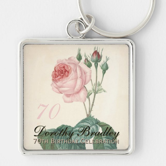 Vintage Botanical Rose 70th Birthday SqK Keychain (Front)