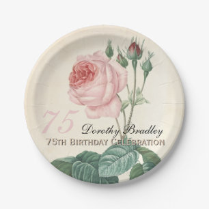 Vintage Botanical Rose 75th Birthday Party PP Paper Plates