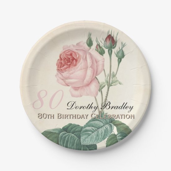 Vintage Botanical Rose 80th Birthday Party PP Paper Plate