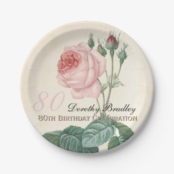Vintage Botanical Rose 80th Birthday Party Pp Paper Plates by PBsecretgarden at Zazzle