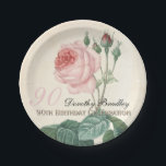 Vintage Botanical Rose 90th Birthday Party PP Paper Plates<br><div class="desc">Customizable 90th Birthday Celebration Paper Plate with Vintage Botanical Watercolors of a rose by Pierre-Joseph Redouté. You can easily change text color, font, size and position by clicking the customize button. Matching paper napkin, paper cup, invitation, guest book, favor box, mug, pillow and more... --------- "Pierre-Joseph Redouté (10 July 1759...</div>