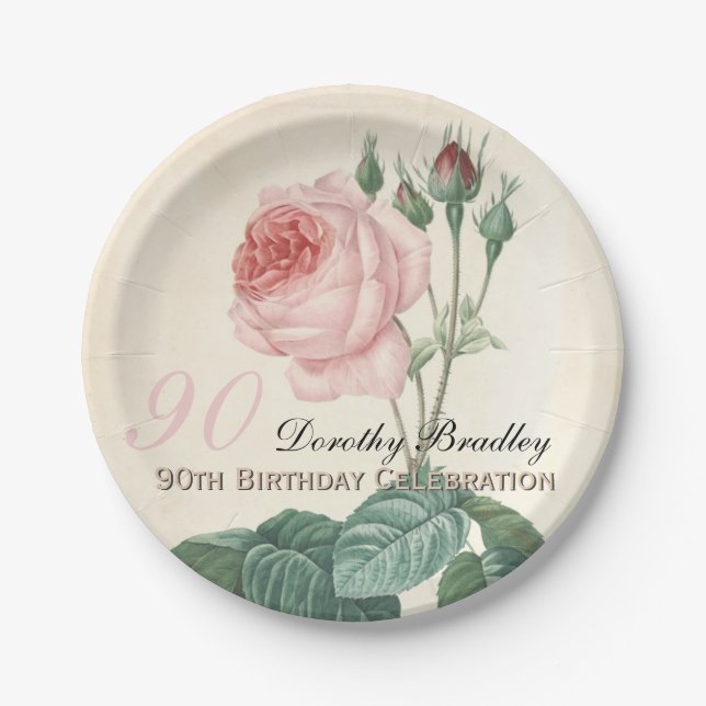 Vintage Botanical Rose 90th Birthday Party PP Paper Plates (Front)