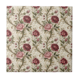 Vintage Botanical Rose & Damask Floral Pattern Art Ceramic Tile