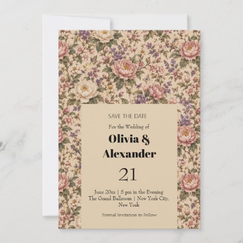 Vintage Botanical Rose Garden &amp; Butterfly Pattern Save The Date