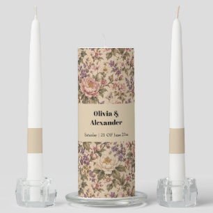 Vintage Botanical Rose Garden & Butterfly Pattern Unity Candle Set