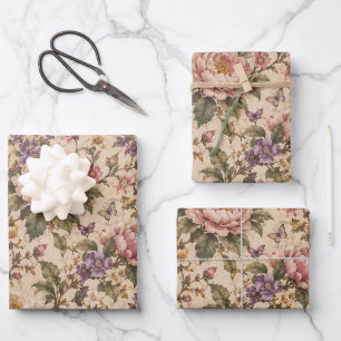 Vintage Botanical Rose Garden & Butterfly Pattern Wrapping Paper Sheets
