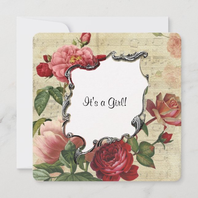 Vintage Botanical Rose Girl Baby Shower Invitation (Front)