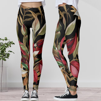 Vintage Botanical Roses And Palm Leaves Black Leggings