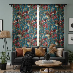 Vintage Botanical Roses And Palm Leaves Blue Blackout Curtains