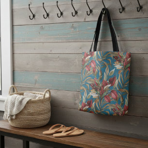 Vintage Botanical Roses And Palm Leaves Blue Tote Bag