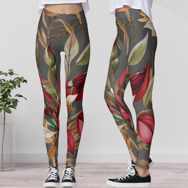 Vintage Botanical Roses and Palm Leaves Gray Leggings (Creator Uploaded)