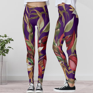 Vintage Botanical Roses and Palm Leaves Purple Leggings