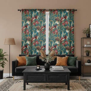 Vintage Botanical Roses And Palm Leaves Teal Blackout Curtains