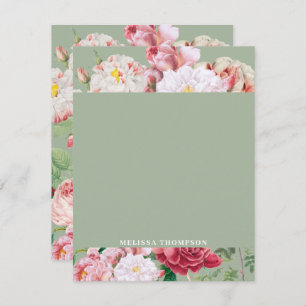 Vintage Botanical Roses Green & Pink Note Card