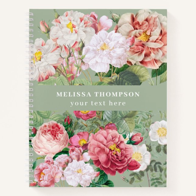 Vintage Botanical Roses  Green & Pink  Notebook (Front)
