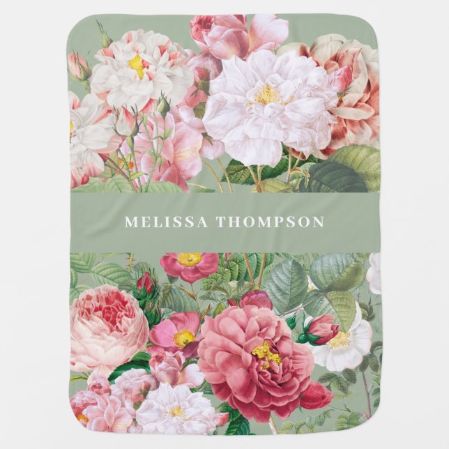 Vintage Botanical Roses Pastel Green & Pink  Baby Blanket (Front)