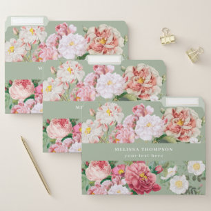 Vintage Botanical Roses Pastel Green & Pink File Folder