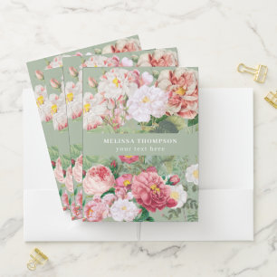 Vintage Botanical Roses Pastel Green & Pink Pocket Folder