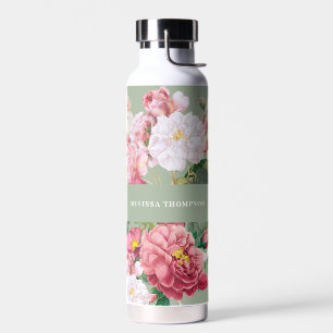 Vintage Botanical Roses Pastel Green & Pink Water Bottle